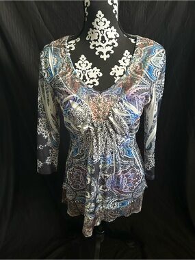 ONE WORLD Blue Paisley Ruched V-Neck Tunic